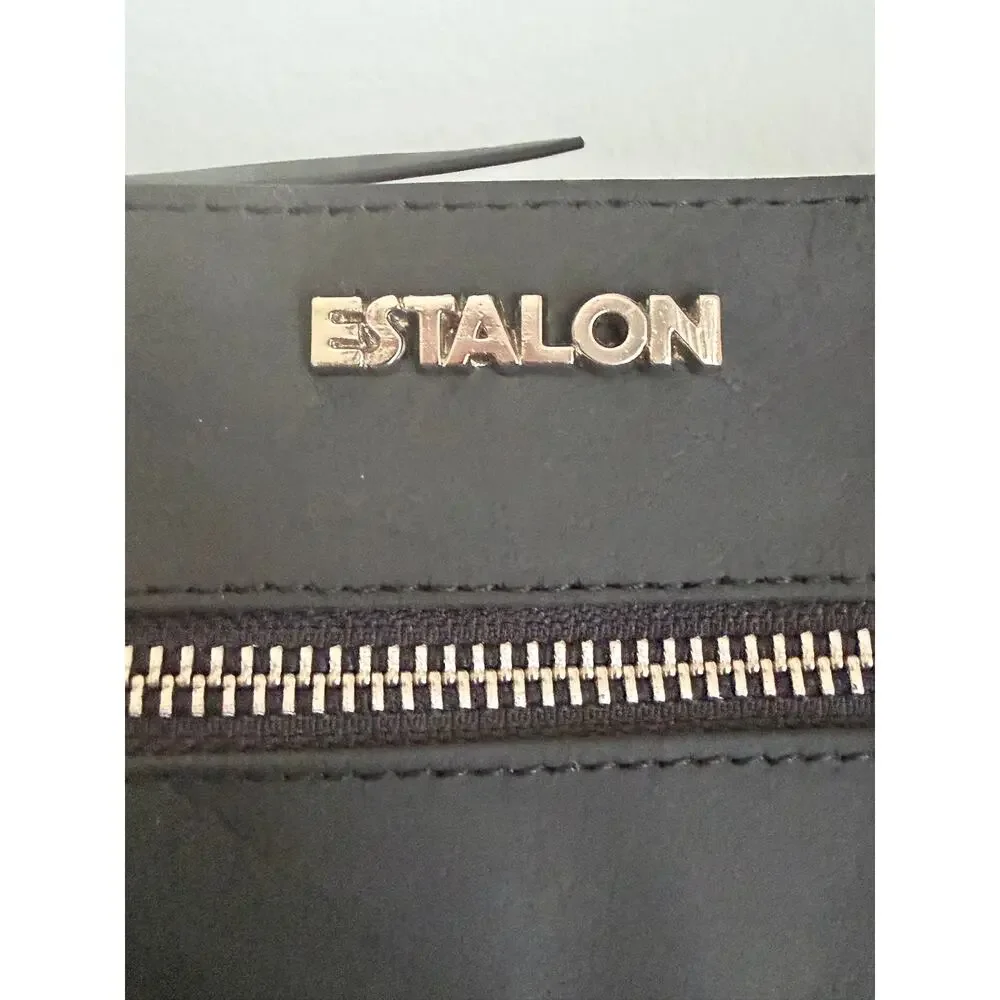 Estalon Black Leather Crossbody Bag Multi Pocket Adjustable Strap Travel Purse